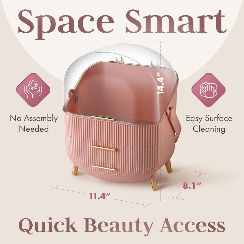 Oizeir Covered Makeup Cosmetic Countertop - Large Cosmetic Organizer - Trendy Oval Shape Storage for Skin Care Organizer - Clear Lid, Storage Drawers, Carry Handle - Cute Stylish Decor Solution (Pink) - Image 2